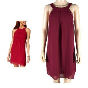 BCX Juniors Burgundy Wine Crochet Trim Chiffon Shift Dress NWT Large